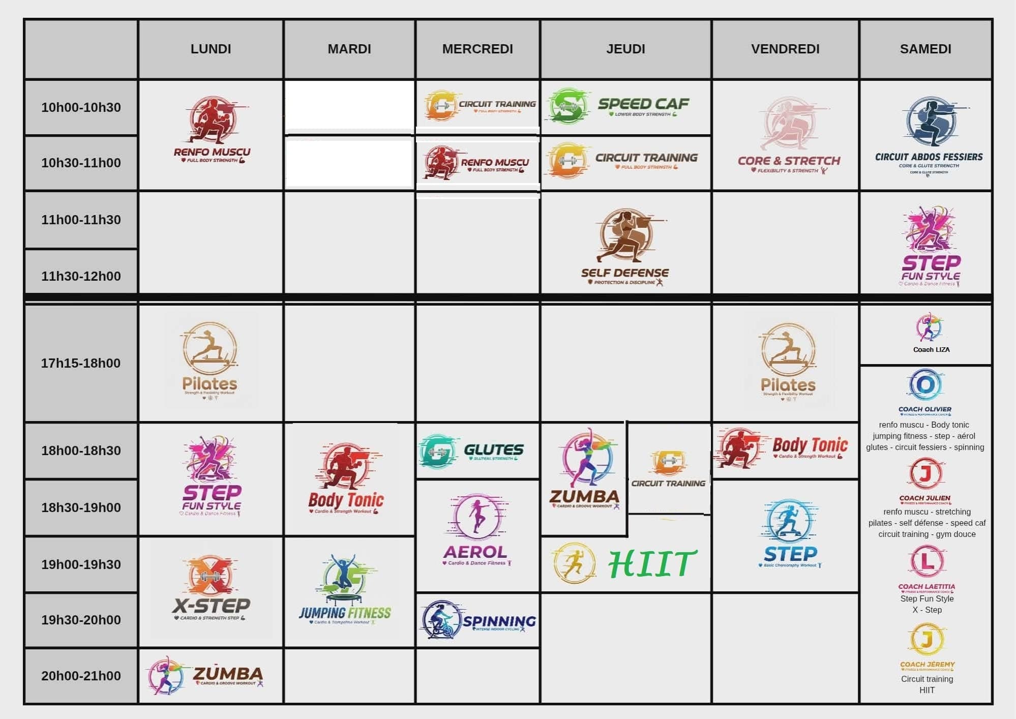 Planning des cours Fitnessentiel