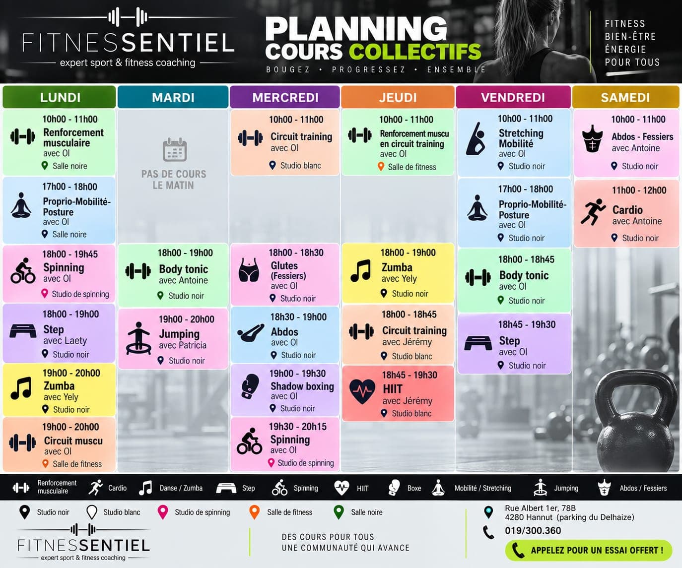 Planning des cours Fitnessentiel